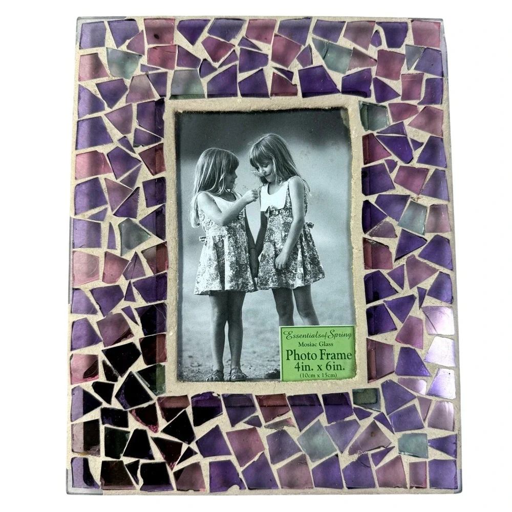 Vintage Mosaic Glass Photo Frame Purple Whimsical Boho Cottagecore Decor